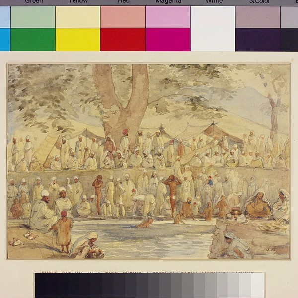 Hindus bathing in the early morning during a festival in Kashmir c1855
